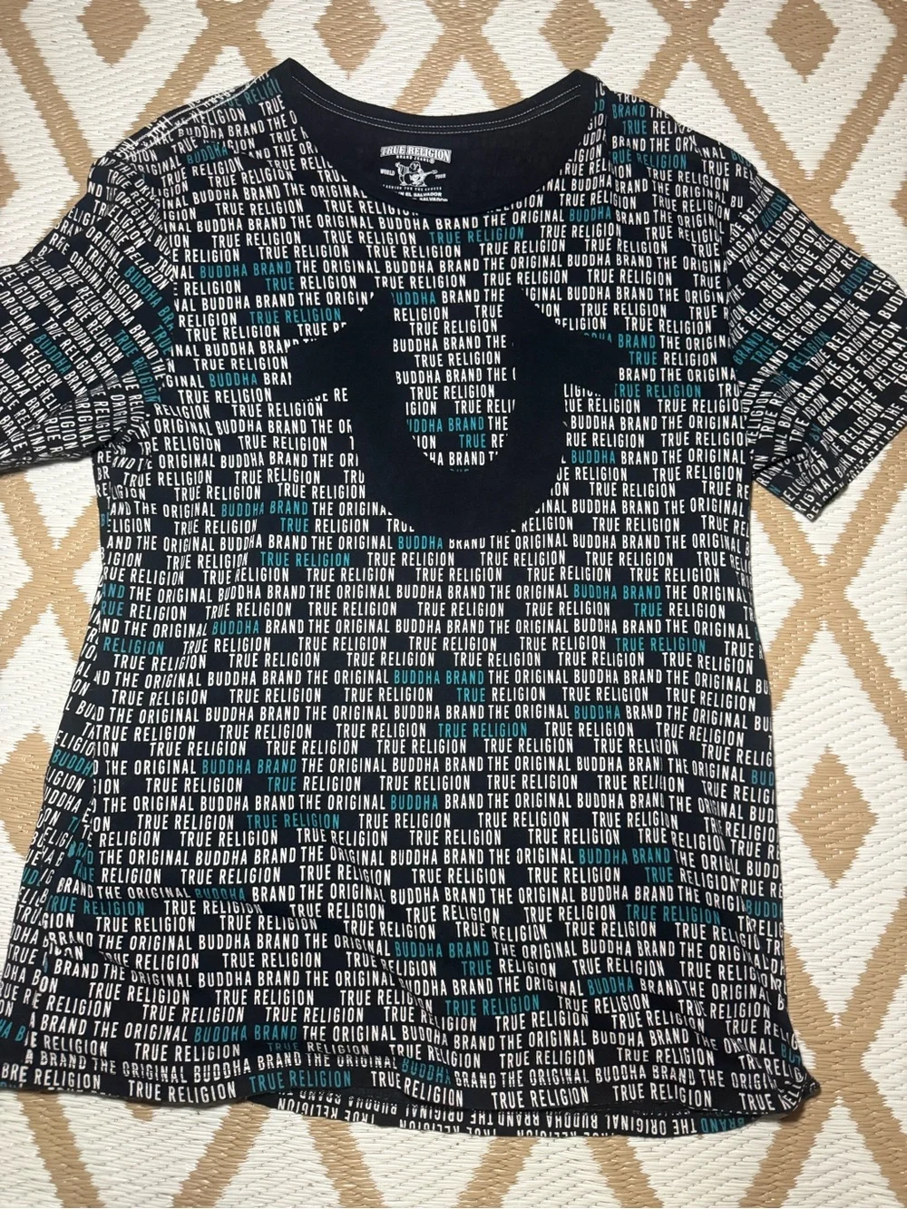 True Religion Black Short Sleeve Tee with White Logo and Teal Stripes